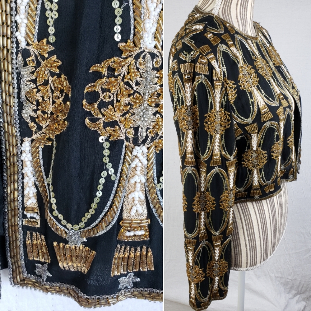 Vintage A.J.BARI Silk Jacket Blazer Beaded Sequined Bohemian size S Baroque Boho - Picture 3 of 15
